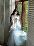 KYLETHOMASW  -  Sweet Lolita Princess Puff Sleeve Lace Ruffle Bow Corset Sky Blue Ombre Long Dress Women Girls Beach Vacation Party Daily Wear