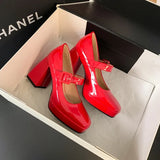 KYLETHOMASW  -  Red Patent Leather Mary Jane Pumps for Women Strap Buckle Chunky High Heels Shoes Woman Platform Pump Burgundy Party 43
