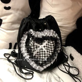 KYLETHOMASW  -  Lace Plaid Love Heart Mochilas Mujer Sweet Cute Bow Mochila Drawstring Bag Portable Lightweighte Backpack Y2k Bags for Woman