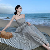 KYLETHOMASW  - Women 2024 Summer Black White Striped Sexy Club Off Shoulder Long Dresses High Waist Elegant Backless Pleated Strapless Sundress