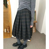 Kylethomasw Korean Retro Pleated Loose Casual Knee-length Skirt Women 2024 Spring New High Waist Contrast Color Plaid Tweed A-line Skirt