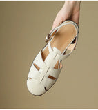 KYLETHOMASW  -  Sandals Women Low Thick Heel Genuine Leather Hook and Loop Back Strap Casual Sandals Summer Solid Color Shoes Fashion New