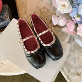 KYLETHOMASW  -  Genuine Leather French Studded Ballet Flats for Women, Summer, Single Strap, Shallow Low Heel Mary Jane