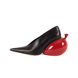 KYLETHOMASW  -  Women's Black Leather Pointed Toe Pumps with Red Apple-Shaped Sculptural Heel Novelty Chunky Block Heel Slip-On Shoes Artistic
