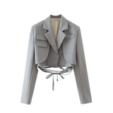 Kylethomasw   Gray Double Layer Bandage Slim Blazer Desigual Women Long Sleeve Pocket Short Jacket Female Outwear  Crop Tops