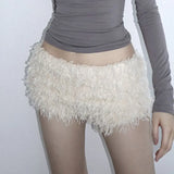 KYLETHOMASW  -  White Sweet Knitted Furry Super Mini Shorts for Women Winter Warm Low Waist Hot Pants Women Sexy Wrap Hip Slimming Leggings