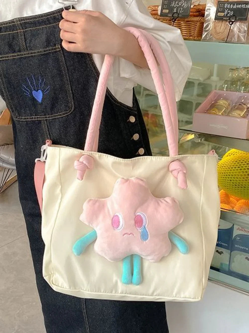 Kylethomasw New Fashion Cute Tote Bag Korean High Capacity Star Patchwork Canvas Shoulder Bag Y2k Grunge Shopping Bag Women Handbag