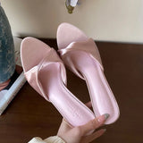 KYLETHOMASW  -  Fashion Silk Women Thin Heels Pumps Slides Shoes Female Slip On Footwear Round Toe Ladies High Heels Shoes