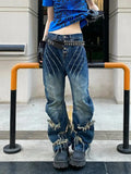 KYLETHOMASW  -  American High Street Washed Patchwork Jeans Vintage New Hole Denim Pants Fashion High Waist Loose Wide Leg Pants