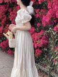 KYLETHOMASW  -  Elegant Women's Square Neck White Dress Summer French Fashion Bubble Sleeves with Ruffle Edge Women Unique Retro Long Dress New