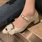 Kylethomasw  -  Women's patent leather mary jane pumps 5cm thick med heel round toe big metal buckle decoration heeled dress shoes for women hot