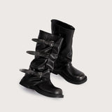 KYLETHOMASW  -  Vintage Soft Leather Belt Strap Buckle Mid-Calf Women Motorcycle Boots Fashion Thick High heels Autumn Winter Knight Booties