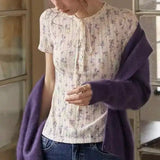 KYLETHOMASW  -  French Retro Women Summer Textured Floral Knit T-shirt Lace Collar Half Button Short Sleeve Casual Blouse