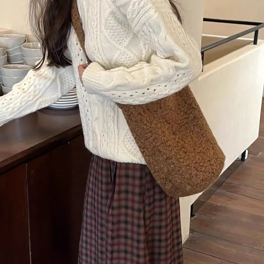 Kylethomasw 2024 Spring New Caramel Color Woolen Women Shoulder Crossbody Bag Korean Vintage Simple Bucket Bag Y2k Bolsos Para Mujer
