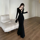 KYLETHOMASW  -  Pure Desire Deep V Neck New Mid-length Mujer Sexy Slim Waist Premium Spice Girls Dress Solid Personalized Ruched Trendy Vestidos