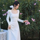 KYLETHOMASW  -  Autumn Long Sleeve Square Collar Sweet and Gentle White Dress for Women Korean Cute Slim Fit Temperament Elegant Long Dress