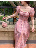 KYLETHOMASW  -  Elegant Vintage Floral Midi Dress Women Sweet Puff Sleeve Korean Slim Fairy Dress Female 2025 Summer Casual Evening Party Dress