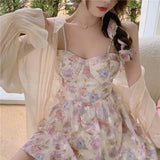 KYLETHOMASW  -  Women's Summer Floral Print Two-Piece Set Svel Waist-Cinching Sunscreen Cardigan And ter Dr Ensemble