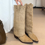 KYLETHOMASW  -  Fashion Vintage Thick Heel Women Western Cowboy Boots Button Combination Splicing Shoes Autumn Winter Ladies Pipe Long Booties