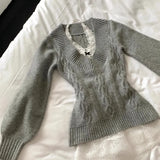 KYLETHOMASW  -  Vintage V-neck Gray All-match Knitted Pullover 2024 Autumn New Bottoming Tops Women Y2k Slimfit Long Sleeve Sweaters Mujer