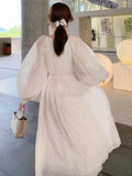 KYLETHOMASW  -  Vintage Elegant V-neck Pleated White Dresses for Women Summer Boho High Quality Party Femme Lantern Sleeve Fairy Princess Dress