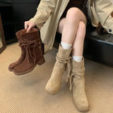 KYLETHOMASW  -  Brown Suede Boots Woman Round Toe Chunky Heels Boots Fall Winter Black  New Rocks Shoes Botas Western Cowboy Feminina