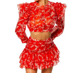 KYLETHOMASW  -  Women's New Round Neck Long-sleeved Open Button Top Skirt Printing Two-piece Sexy Suit