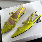 KYLETHOMASW  -  Rivet Metal Belt Buckle Design Low Heel Sandals Women Sexy Pointed Toe Patent Leather Slingbacks Round Heel Women Pumps Mules