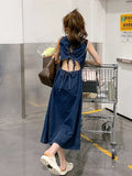 KYLETHOMASW  -  Denim Midi Dress Women Hollow Out A Line Dresses Streetwear Sleeveless Backless Sundress Korean Lace Up Casual Vestidos