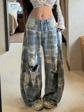 KYLETHOMASW  -  American Street Retro New Low Waist Jeans Women Plaid Splicing Ripped Wide Leg Jeans Hot Girl Y2k Streetwear Daily Casual Outfit