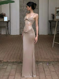 KYLETHOMASW  -  Spaghetti Strap Slim Lace Patchwork Sheer Holiday Party Dresses for Women Summer Khaki Sheath Slim Fit Streetwear Vestido