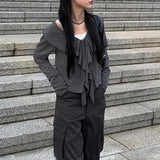 Kylethomasw Korean V-neck Lace Up Ruffled Casual Long-sleeved T-shirt Women Autumn New High Street Fashion All Match Gray Tops