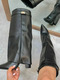 KYLETHOMASW  -  New Autumn and Winter New Pointed Metal Buckle Knee High Women's Boots, Thick High-heeled Pants Boots, Fashionable Mid Leg Boots