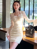 KYLETHOMASW  -  Sexy Lace Patchwork Womens Dresses Flare Long Sleeves Bodycon Evening Party Mini Dress Spring Female Slim Casual Vestidos Mujer