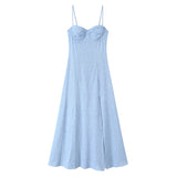 KYLETHOMASW  -  Sexy Spaghetti Straps Corset Style A-line Midi Dresses Women Fashion Hem Slit Blue Summer Dress Night Out Vestidos