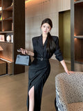 KYLTHOMASW  -   Autumn Retro Sexy Long Sleeve Suit Jacket Shirt+High Waist Slim Slit Hip Wrap Long Skirt Set Black Two Piece Sets Women Outfits