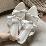 KYLETHOMASW  -  Fashion Women Pink Bow Knot High Heel Mules Open Toe Patent Leather Slip On Sandals Thin Heel Summer Party Dress Shoes