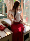 KYLETHOMASW  -  Summer New Beach 2 Piece Sets Women Hotsweet Off Shoulder Star Print Casual Tops Mushroom Edge Draw Pleats Slim Long Skirt