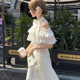 KYLETHOMASW  -  Lace Sweet Cloak Design White Dress Summer New Off Shoulder Bow Short Sleeve Waist Slimming A-line Long Dress for Women