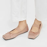KYLETHOMASW  -  sweet pink silk flat shoes woman square toe bowtie ballet flats silver leather mary janes shoes elastic band moccasions women