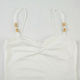 KYLETHOMASW  -  summer niche spicy girl pleated low neck bead camisole tank top, tight fitting elastic inner layer, solid color short top