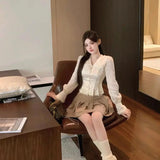 KYLETHOMASW  -  French Apricot Double-layer Lapel Long-sleeved Shirt for Women in Autumn Lace Fitted Waist Shirt