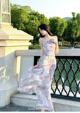KYLETHOMASW  -  Women's Elegant Lavender Floral Tiered Dress Summer Spaghetti Strap Ruched Asymmetric Ruffle Tulle Long Dress Beach Vacation