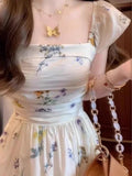 KYLETHOMASW  -  French Square Collar Flying Sleeve Floral Dress Women Summer New Patchwork A Line Dress High Waist Backless Temperament Vestidos