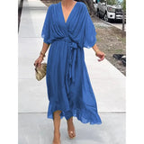 KYLETHOMASW  -  Solid Color Sash Long Dress Bat Sleeve Irregular Hemline Maxi Dress Plus Size