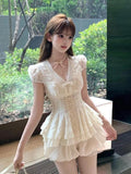KYLETHOMASW  -  French Sweet Retro Elegant 2 Piece Sets Women Bow Design Short Sleeve Y2k Tops + Shorts Pants Female Chic Korea Popular Clothes