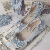 KYLETHOMASW  -  Sweet Lolita Retro Court Style Cosplay Cute Loli Flower Wedding Girls Gem Flower Ribbon Plush Bow 6-8 Cm High Heel Shoes