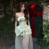 KYLETHOMASW  -  Ruffles Decoration Long Dresses Woman Chest Wrap Backless Lace Patchwork Hem Sweet Girl Street Y2K Style Elegant Vestidos