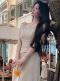 KYLETHOMASW  -  Casual White Solid Long Dresses Fairycore Slash Neck Inclined Shoulder Vestidos Summer Lace-up Ruched Trumpet Womens Dress