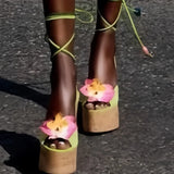 KYLETHOMASW  -  European and American Women's Summer New Niche Design Cross Tie Slope and Roman Fashion Plus Thick Soled Floral Sandals